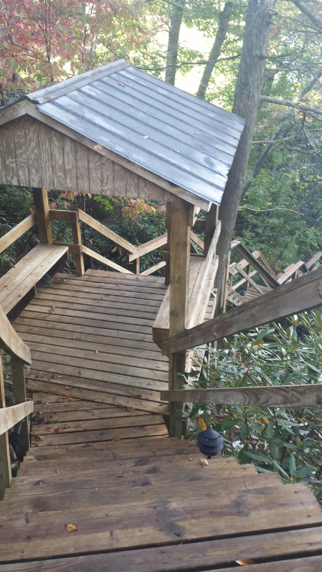 Metal roofed shelter over wooden steps on a wooded walkway — Skylight Repair & Installation work by our crew in Percival